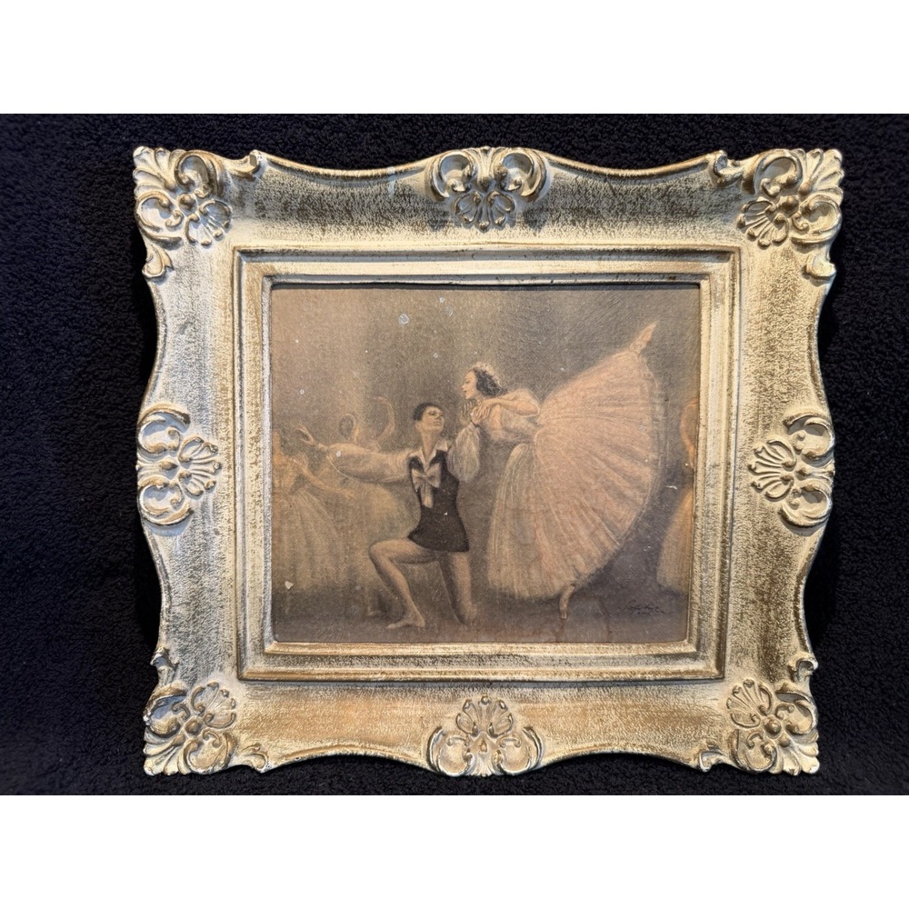 Vintage Ballet Lithograph Print Ornate Frame 6x7  White 1920-30's